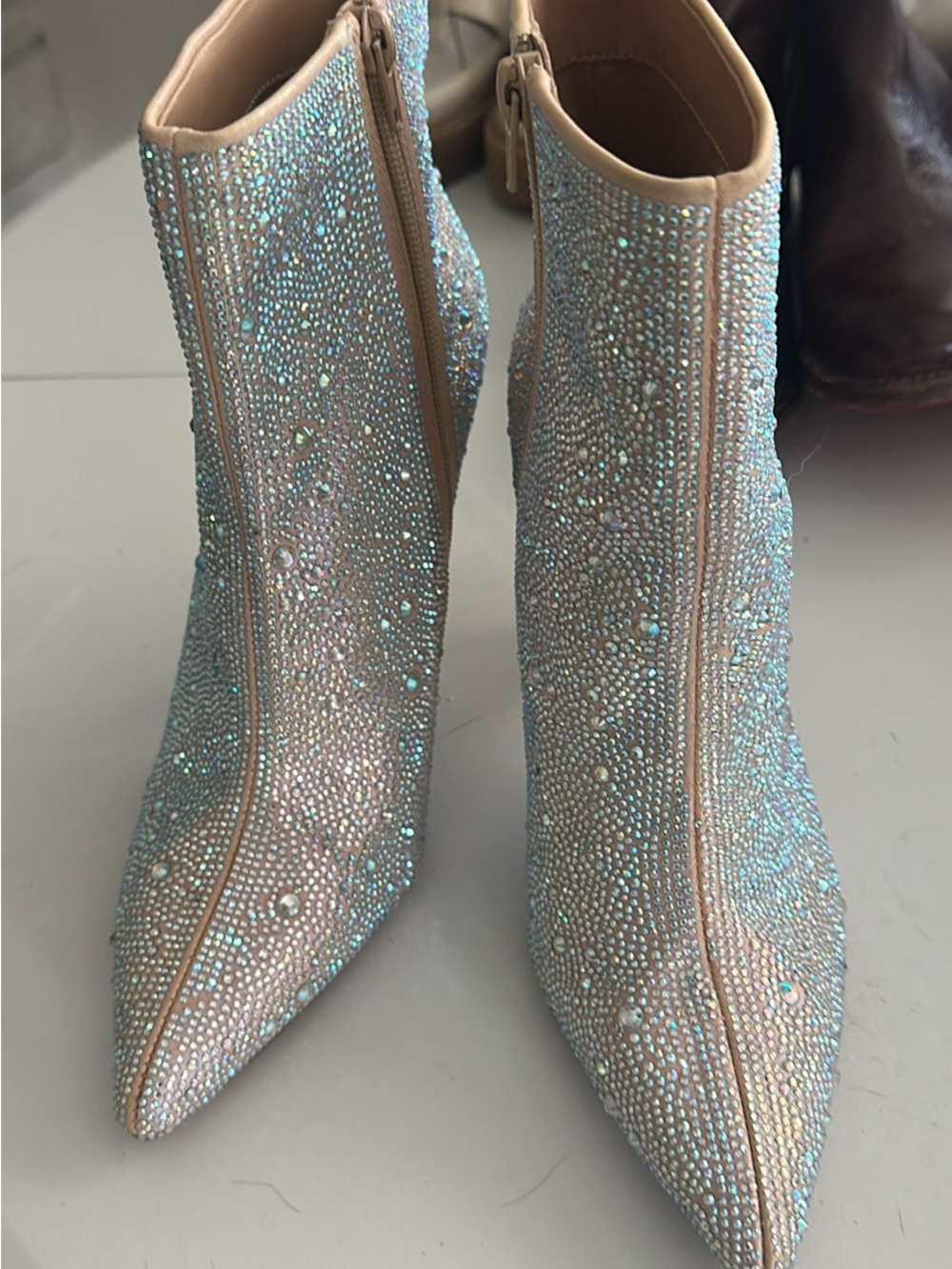 INC International Concepts Iridescent Crystal Ankle Boots - Nude